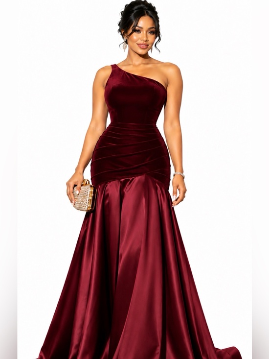 Anthony Ayoh Collection Dresses & Skirts - Luxury Burgundy Velvet & Satin One-Shoulder Evening Gown